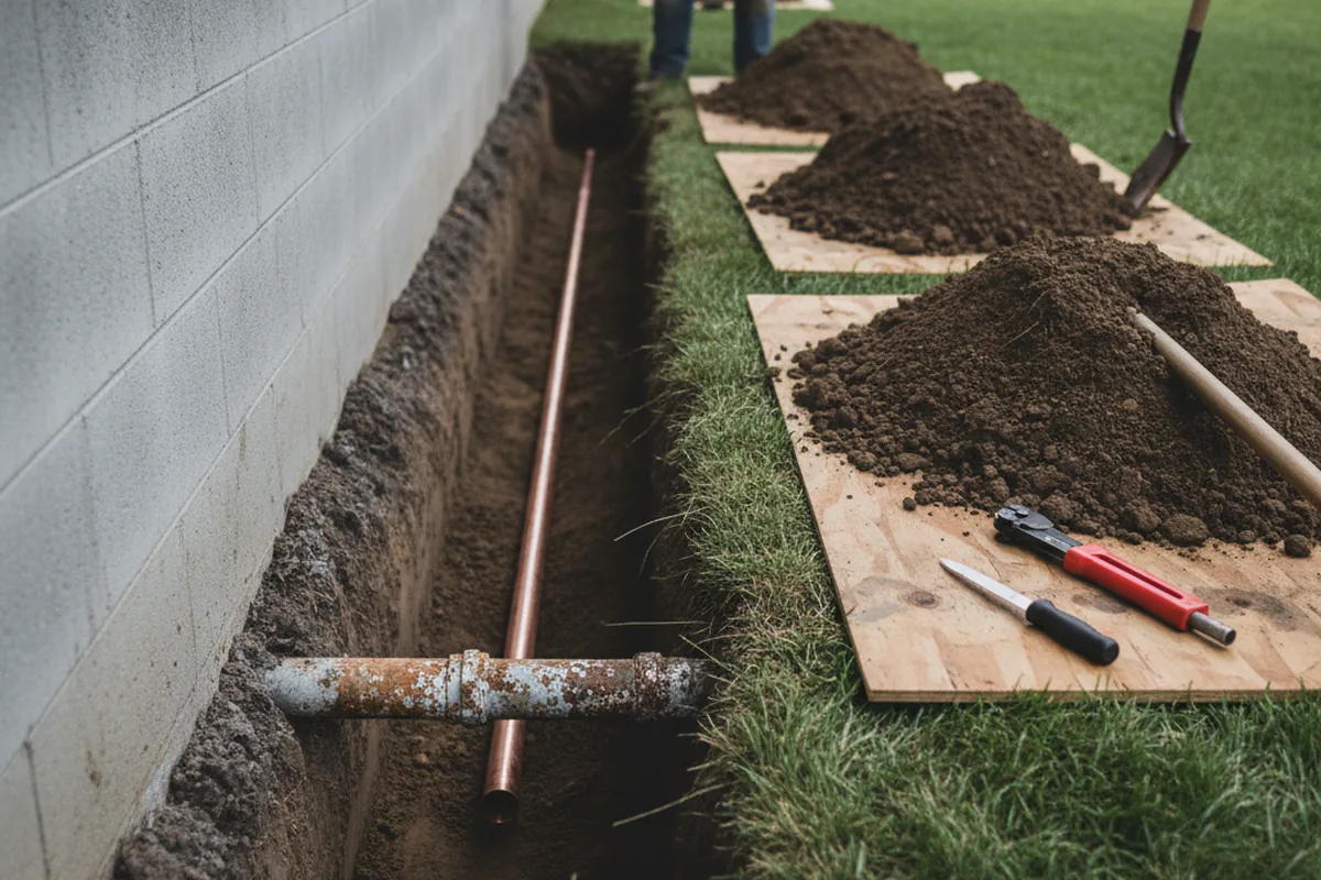 Excavated water line trench during Water Softener Installation in Fair Grove